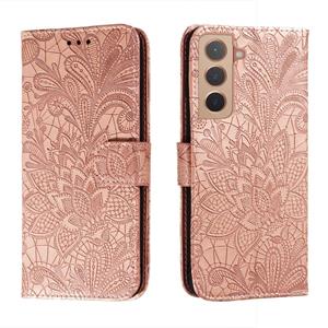 huismerk Voor Samsung Galaxy S22 5G Kant Bloem Lederen Telefoonhoesje Met Houder & Kaart Slots & Portemonnee & Photo Frame (Rose Gold)