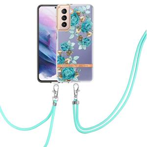 huismerk For Samsung Galaxy S21+ 5G Flowers Series TPU Phone Case with Lanyard(Blue Rose)