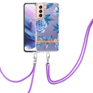 huismerk For Samsung Galaxy S21+ 5G Flowers Series TPU Phone Case with Lanyard(Blue Peony)