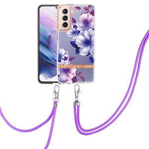 huismerk For Samsung Galaxy S21+ 5G Flowers Series TPU Phone Case with Lanyard(Purple Begonia)