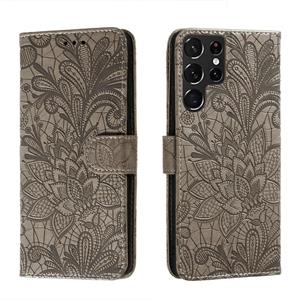 huismerk Voor Samsung Galaxy S22 Ultra 5G Kant Bloem Lederen Telefoonhoesje Met Houder & Card Slots & Portemonnee & Fotolijst (Grijs)