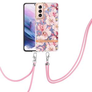 huismerk Voor Samsung Galaxy S21 + 5G Bloemen Serie TPU Telefoonhoesje met Lanyard (Pink Gardenia)