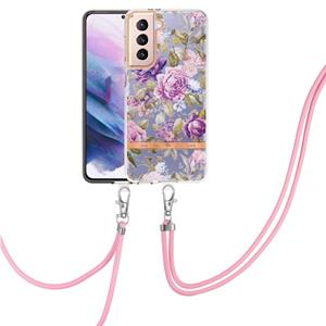 huismerk Voor Samsung Galaxy S21 + 5G Bloemen Serie TPU Telefoonhoesje met Lanyard (Purple Peony)