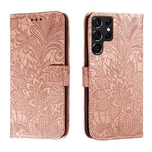 huismerk Voor Samsung Galaxy S22 Ultra 5G Kant Bloem Lederen Telefoonhoesje Met Houder & Card Slots & Portemonnee & Photo Frame (Rose Gold)