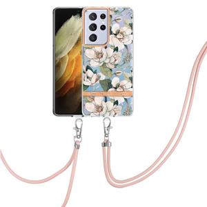 huismerk For Samsung Galaxy S21 Ultra 5G Flowers Series TPU Phone Case with Lanyard(Green Gardenia)