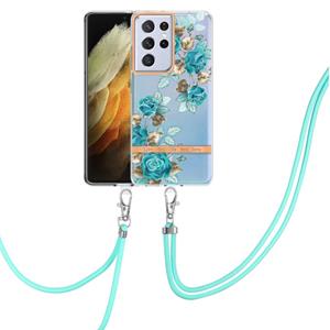 huismerk For Samsung Galaxy S21 Ultra 5G Flowers Series TPU Phone Case with Lanyard(Blue Rose)