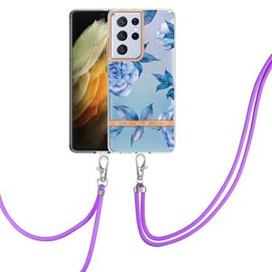 huismerk For Samsung Galaxy S21 Ultra 5G Flowers Series TPU Phone Case with Lanyard(Blue Peony)