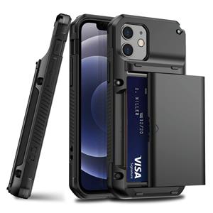 huismerk Voor iPhone 12 mini hockproof Heavy Duty Armor Beschermhoes met Slide Multi-Card Slot (Zwart)