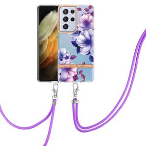 huismerk For Samsung Galaxy S21 Ultra 5G Flowers Series TPU Phone Case with Lanyard(Purple Begonia)