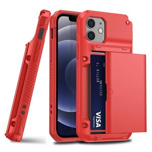 huismerk Voor iPhone 12 mini hockproof Heavy Duty Armor Beschermhoes met Slide Multi-Card Slot (Rood)