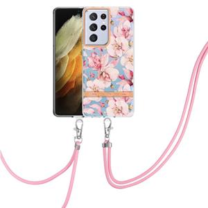 huismerk Voor Samsung Galaxy S21 Ultra 5G Bloemen Serie TPU Telefoonhoesje met Lanyard (Pink Gardenia)