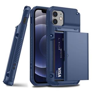 huismerk Voor iPhone 12 mini hockproof Heavy Duty Armor Beschermhoes met Slide Multi-Card Slot (Donkerblauw)