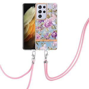 huismerk Voor Samsung Galaxy S21 Ultra 5G Bloemen Serie TPU Telefoonhoesje met Lanyard (Purple Peony)