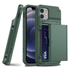 huismerk Voor iPhone 12 mini hockproof Heavy Duty Armor Beschermhoes met Slide Multi-Card Slot (Army Green)