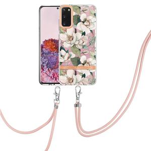 huismerk For Samsung Galaxy S20 5G Flowers Series TPU Phone Case with Lanyard(Green Gardenia)