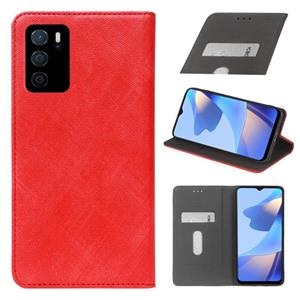 huismerk Voor OPPO A16 doek textuur retro horizontale flip PU lederen schokbestendige behuizing met houder en kaartsleuf (rood)