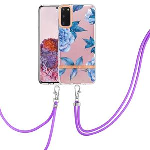 huismerk For Samsung Galaxy S20 5G Flowers Series TPU Phone Case with Lanyard(Blue Peony)