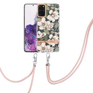 huismerk For Samsung Galaxy S20+ 5G Flowers Series TPU Phone Case with Lanyard(Green Gardenia)