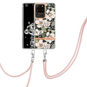 huismerk For Samsung Galaxy S20 Ultra 5G Flowers Series TPU Phone Case with Lanyard(Green Gardenia)