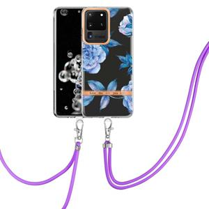 huismerk For Samsung Galaxy S20 Ultra 5G Flowers Series TPU Phone Case with Lanyard(Blue Peony)