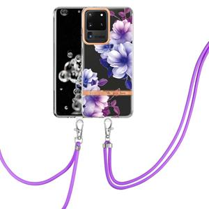 huismerk For Samsung Galaxy S20 Ultra 5G Flowers Series TPU Phone Case with Lanyard(Purple Begonia)