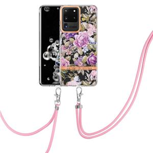 huismerk Voor Samsung Galaxy S20 Ultra 5G Bloemen Serie TPU Telefoonhoesje met Lanyard (Purple Peony)