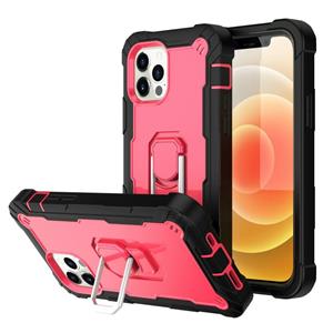 huismerk PC + rubber 3-lagen schokbestendige beschermhoes met roterende houder voor iPhone 12 Mini (zwart + rose rood)