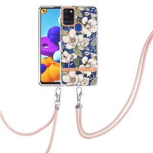 huismerk For Samsung Galaxy A21s Flowers Series TPU Phone Case with Lanyard(Green Gardenia)