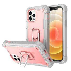 huismerk PC + Rubber 3-lagen schokbestendige beschermhoes met roterende houder voor iPhone 12 Mini (grijs wit + roségoud)