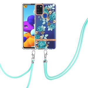 huismerk For Samsung Galaxy A21s Flowers Series TPU Phone Case with Lanyard(Blue Rose)