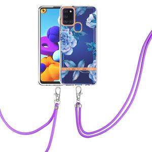 huismerk For Samsung Galaxy A21s Flowers Series TPU Phone Case with Lanyard(Blue Peony)