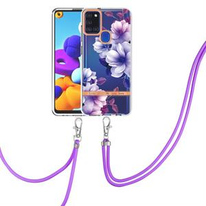 huismerk For Samsung Galaxy A21s Flowers Series TPU Phone Case with Lanyard(Purple Begonia)