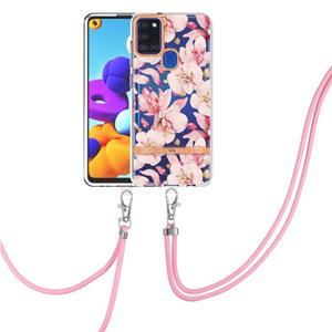 huismerk Voor Samsung Galaxy A21S Flowers Series TPU Telefoonhoesje met Lanyard (Pink Gardenia)