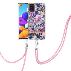 huismerk Voor Samsung Galaxy A21S Flowers Series TPU-telefooncase met Lanyard (Purple Peony)