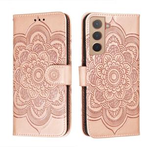 huismerk Voor Samsung Galaxy S22 5G Sun Mandala Embossing Patroon Telefoon Lederen Case met Houder & Card Slots & Wallet & Lanyard (Rose Gold)