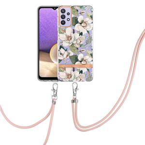 huismerk For Samsung Galaxy A32 5G Flowers Series TPU Phone Case with Lanyard(Green Gardenia)