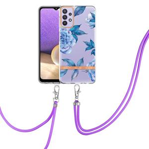 huismerk For Samsung Galaxy A32 5G Flowers Series TPU Phone Case with Lanyard(Blue Peony)