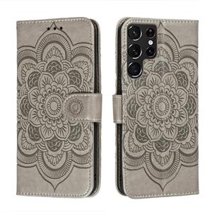 huismerk Voor Samsung Galaxy S22 Ultra 5G Sun Mandala Embossing Pattern Telefoon Lederen Case met Houder & Card Slots & Wallet & Lanyard