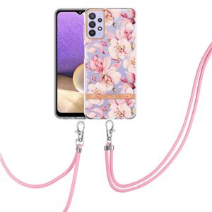 huismerk Voor Samsung Galaxy A32 5G Bloemen Serie TPU-telefoonhoesje met Lanyard (Pink Gardenia)