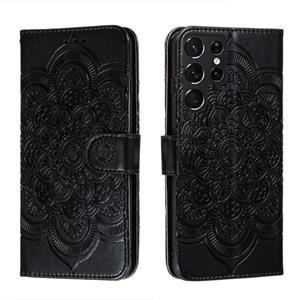 huismerk Voor Samsung Galaxy S22 Ultra 5G Sun Mandala Embossing Pattern Telefoon Lederen Case met Houder & Card Slots & Wallet & Lanyard (Zwart)