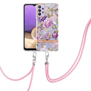 huismerk Voor Samsung Galaxy A32 5G Bloemen Serie TPU-telefoonhoesje met Lanyard (Purple Peony)