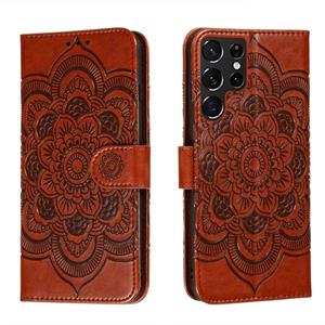 huismerk Voor Samsung Galaxy S22 Ultra 5G Sun Mandala Embossing Pattern Phone Lederen Case met Houder & Card Slots & Wallet & Lanyard (Brown)