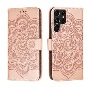 huismerk Voor Samsung Galaxy S22 Ultra 5G Sun Mandala Embossing Pattern Phone Lederen Case met Houder & Card Slots & Wallet & Lanyard (Rose Gold)