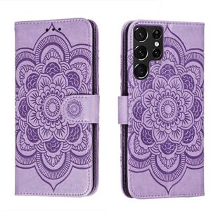 huismerk Voor Samsung Galaxy S22 Ultra 5G Sun Mandala Embossing Pattern Phone Lederen Case met Houder & Card Slots & Wallet & Lanyard (Purple)