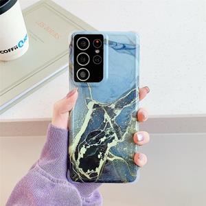 huismerk Voor Samsung Galaxy S21 Ultra 5G Four Corners Anti-Shattering Flow Gold Marble IMD Phone Back Cover Case (Zwart LD1)