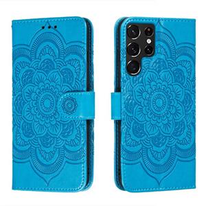 huismerk Voor Samsung Galaxy S22 Ultra 5G Sun Mandala Embossing Pattern Phone Lederen Case met Houder & Card Slots & Wallet & Lanyard (Blauw)