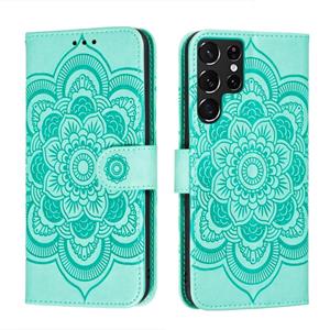 huismerk Voor Samsung Galaxy S22 Ultra 5G Sun Mandala Embossing Pattern Phone Lederen Case met Houder & Card Slots & Wallet & Lanyard