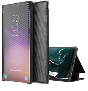 huismerk Voor Xiaomi Redmi Note 10 4G Carbon Fiber Texture View Time Horizontale Flip Lederen Case met houder & Touch Call Display ID (Zwart)