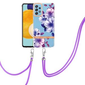 huismerk Voor Samsung Galaxy A52 5G / 4G Bloemen Serie TPU Telefoonhoesje met Lanyard (Purple Begonia)