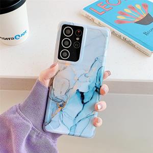 huismerk Voor Samsung Galaxy S21 Ultra 5G Four Corners Anti-Shattering Flow Gold Marble IMD Phone Back Cover Case (Oranje Blauw LD4)